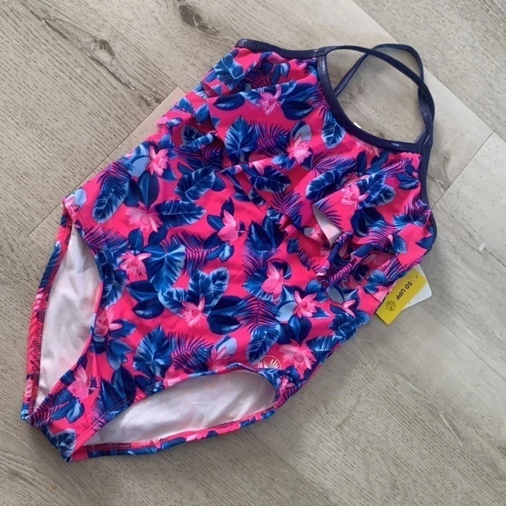 Body Glove Girls Pink Blue Tropical Floral Ruffle One Piece Swimsuit Size 12 NWT